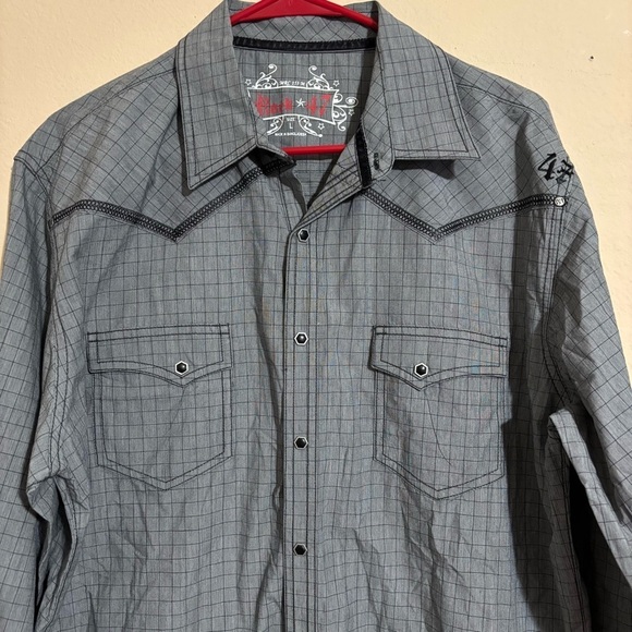 Wrangler Other - Rock 47 Wrangler Shirt Mens Pearl Snap Western Embroidered Grey Long Sleeve sz L